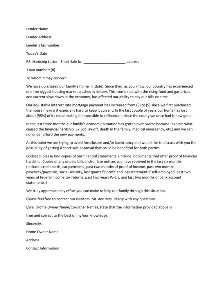 Free Hardship Letter Template Redlinesp