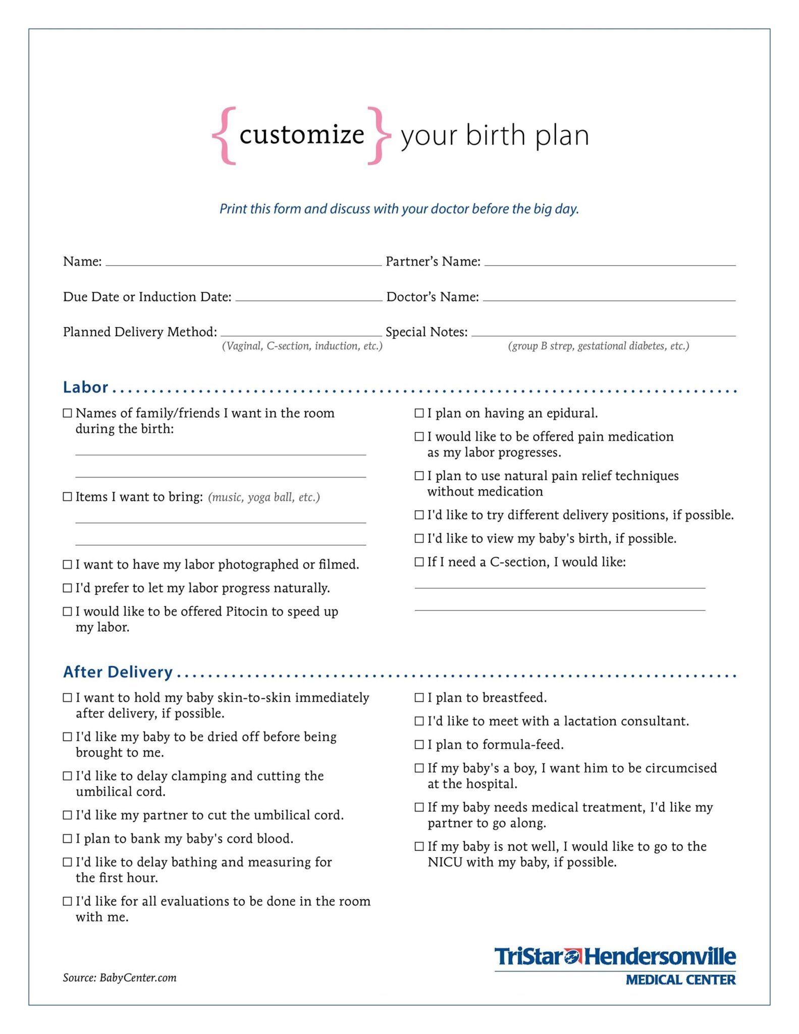 Birth Plan Examples 50 Free Sample RedlineSP