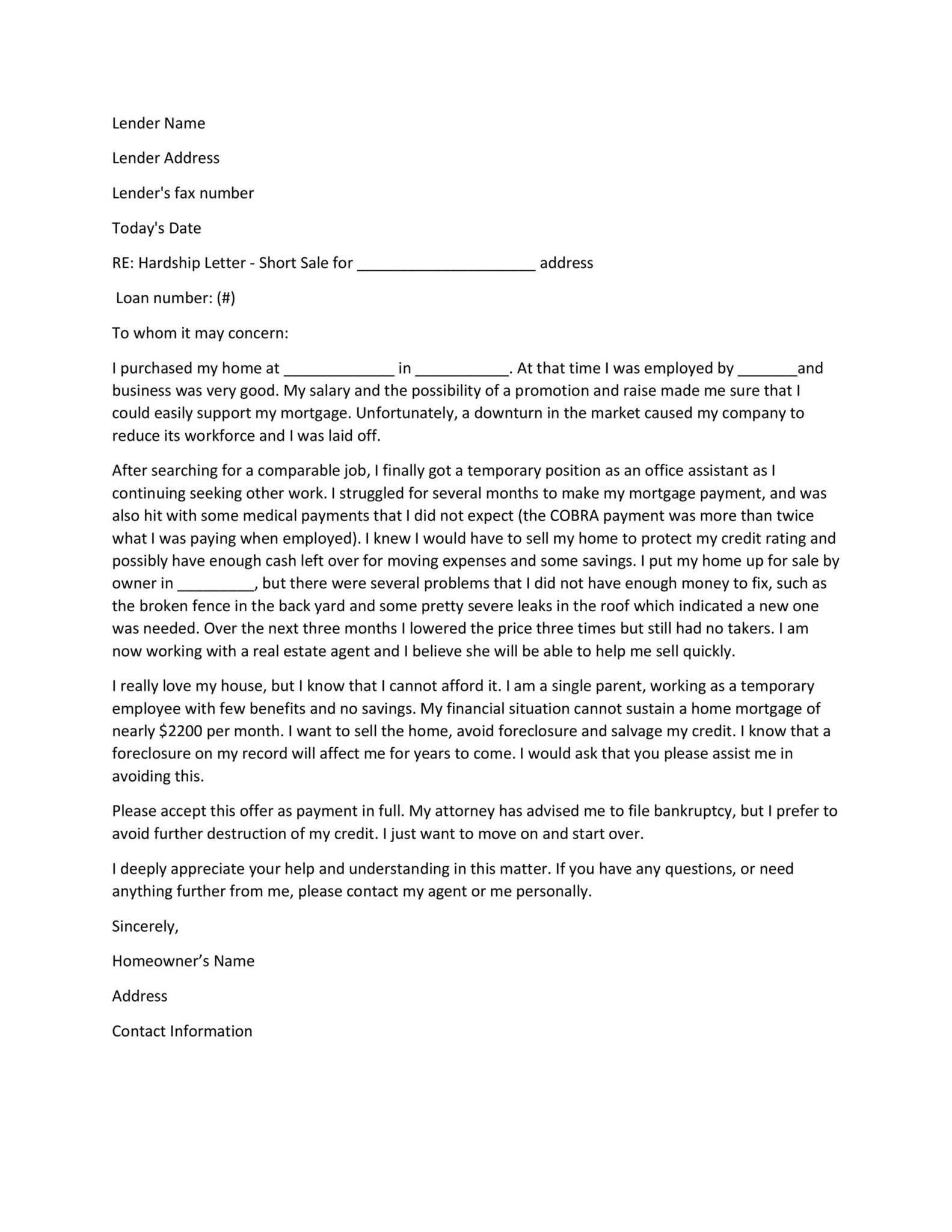 Free Hardship Letter Template Redlinesp