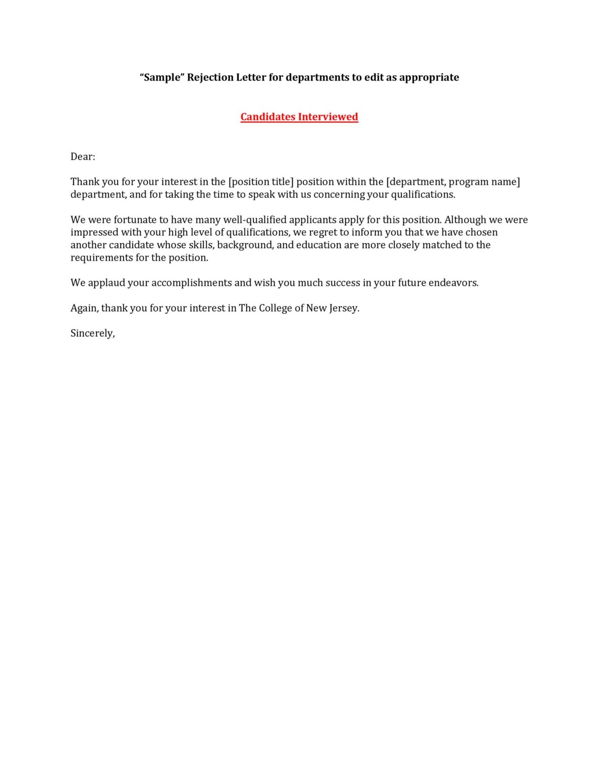 24 Amazing Rejection Letter Template – RedlineSP