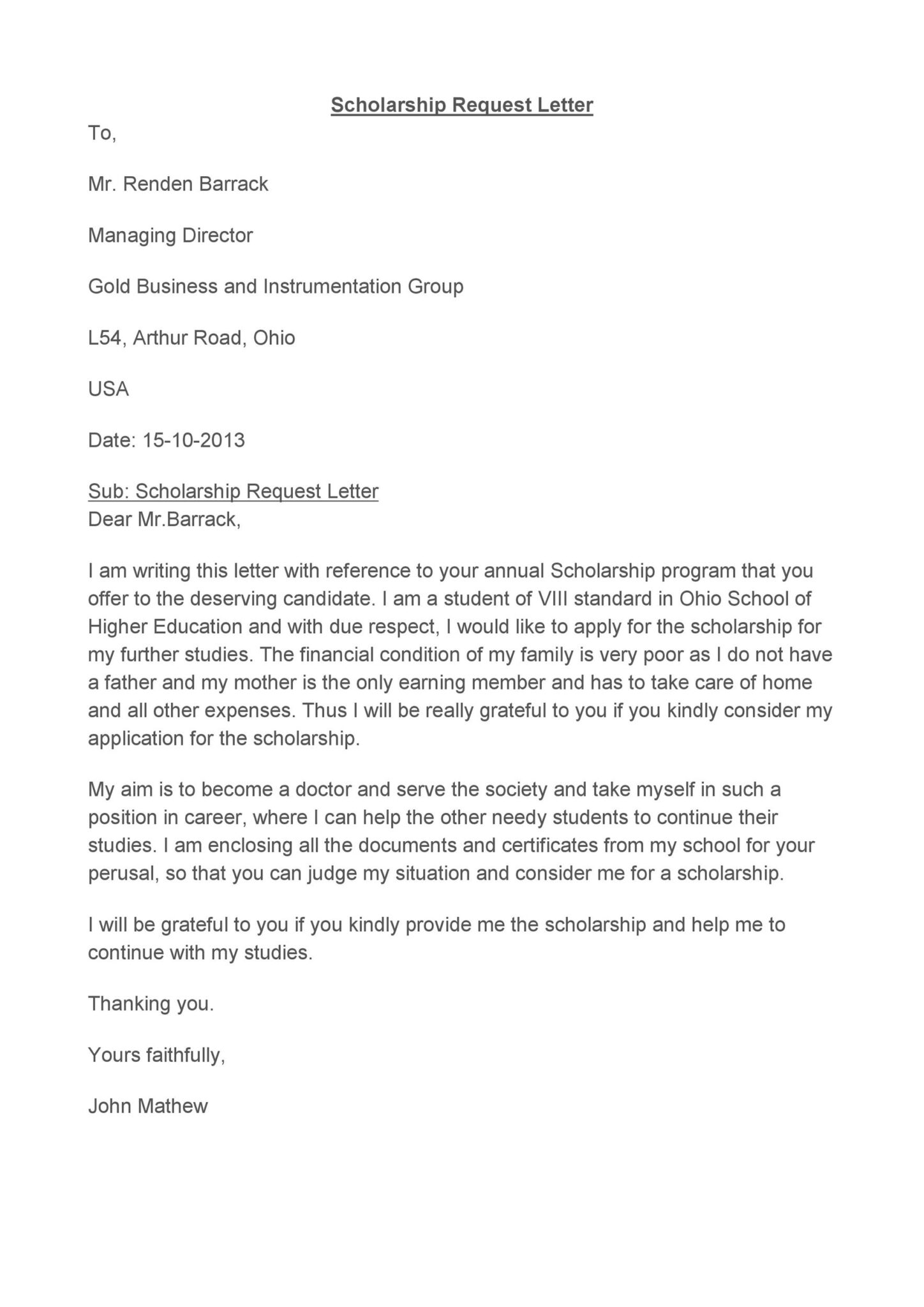 letter for applying a scholarship