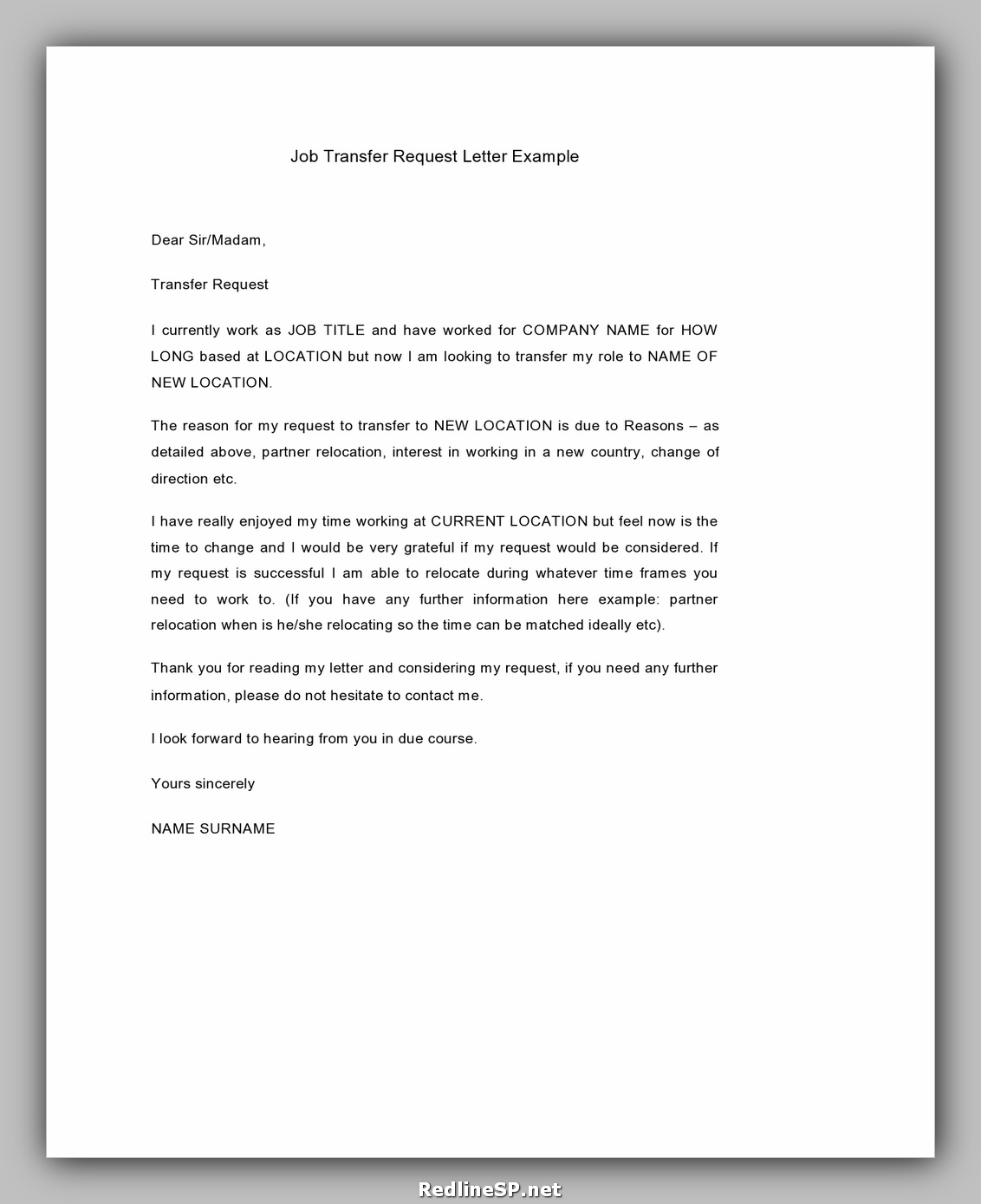 application letter for job transfer