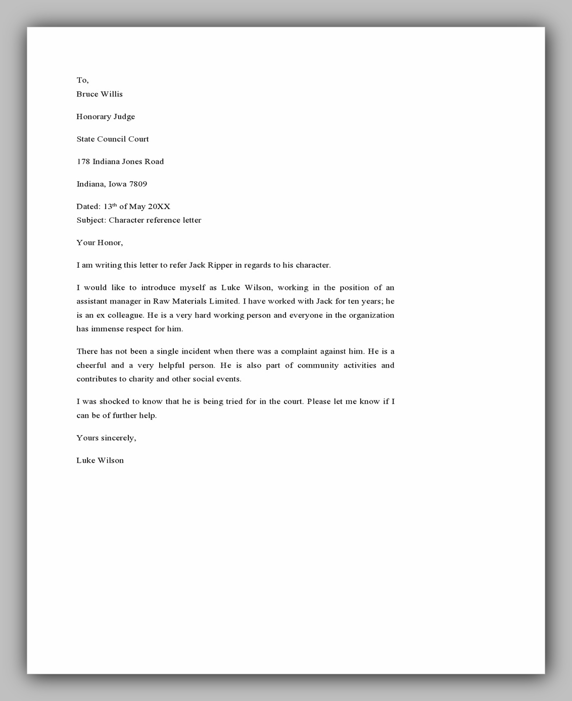 Character Reference Letter Examples