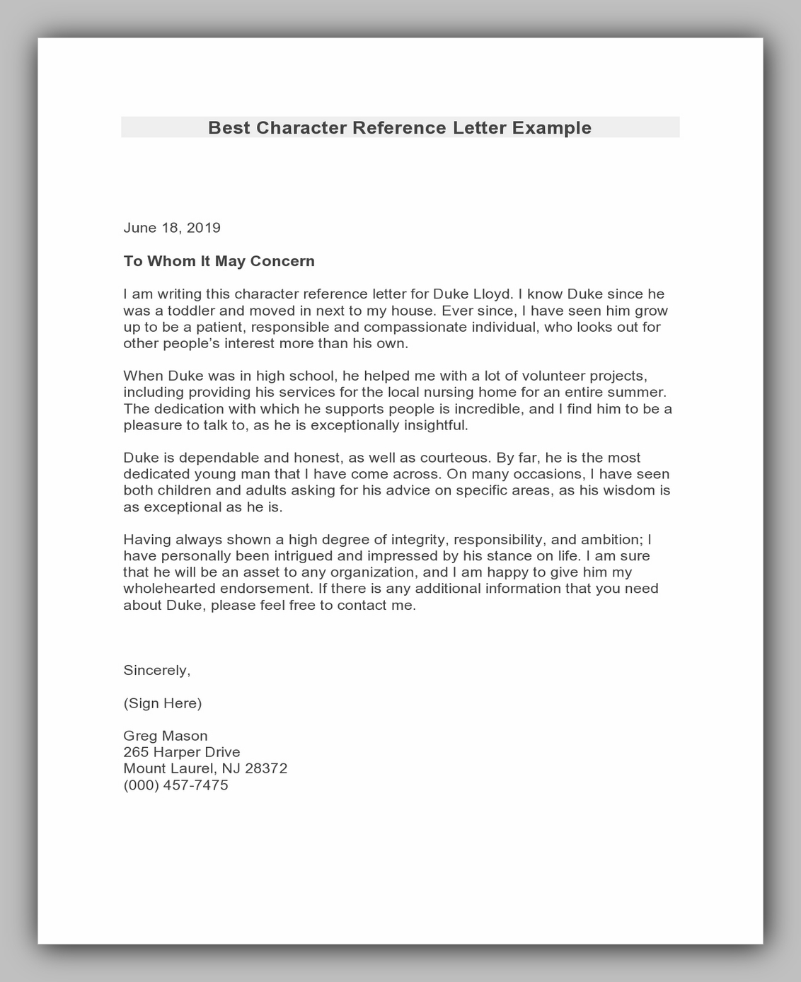 Character Reference Letter 25 