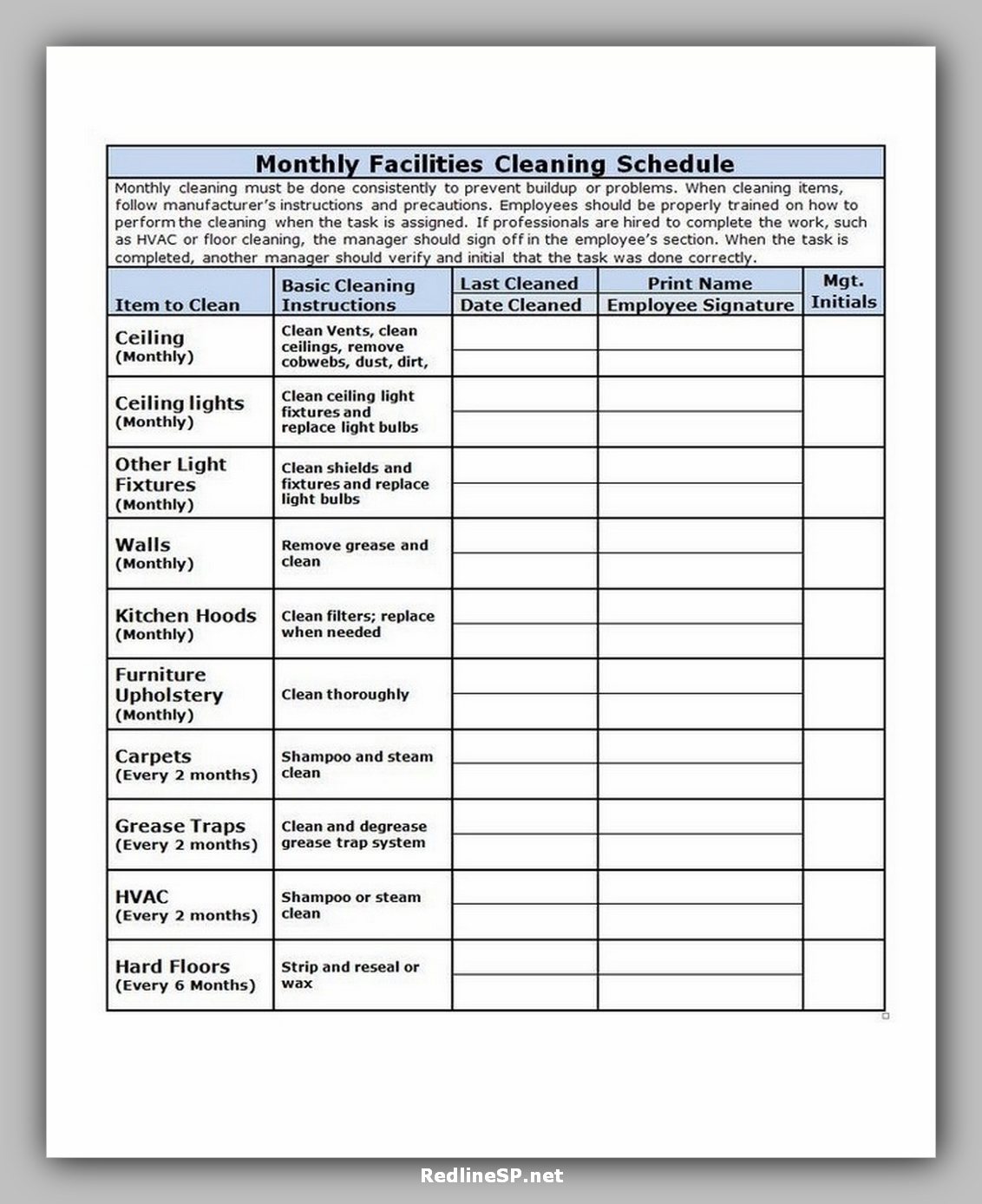 Restaurant Cleaning Schedule Template