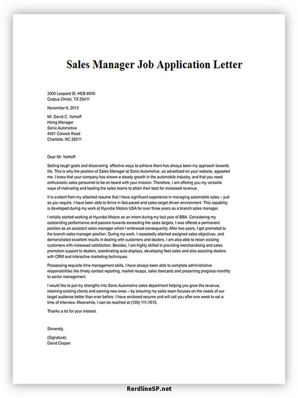 sample job application letter sales manager